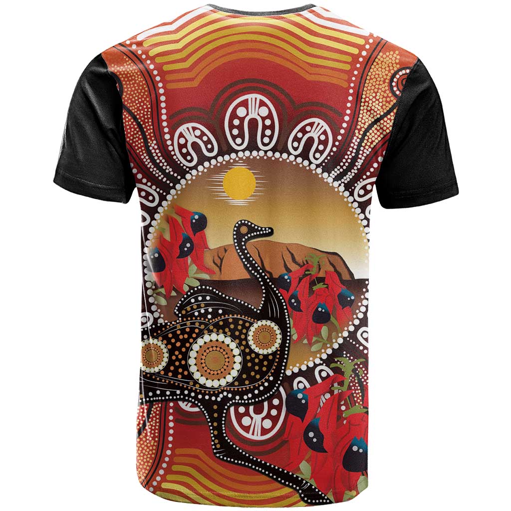 Sturt's Desert Pea And Emu Australia T Shirt Uluru Aboriginal Art