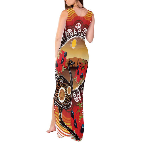 Sturt's Desert Pea And Emu Australia Tank Maxi Dress Uluru Aboriginal Art