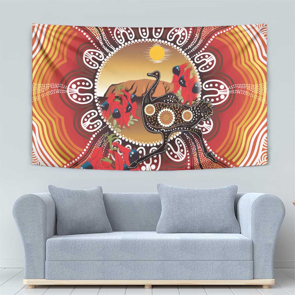 Sturt's Desert Pea And Emu Australia Tapestry Uluru Aboriginal Art