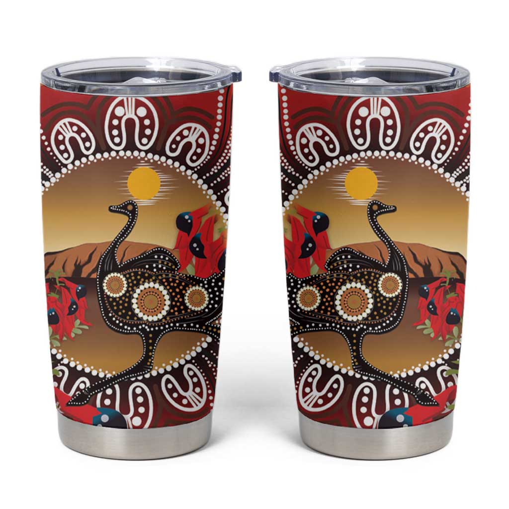 Sturt's Desert Pea And Emu Australia Tumbler Cup Uluru Aboriginal Art