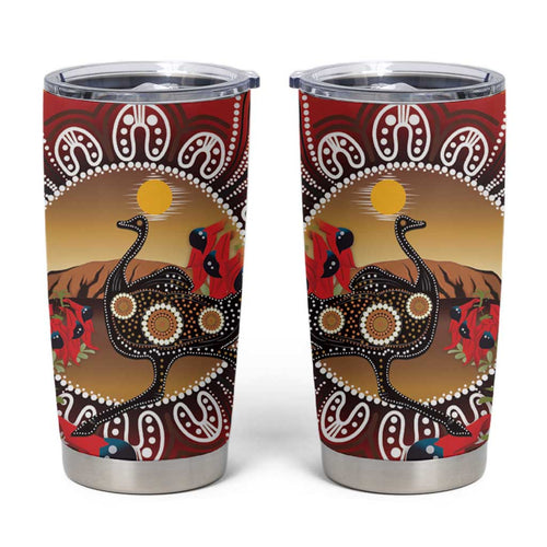 Sturt's Desert Pea And Emu Australia Tumbler Cup Uluru Aboriginal Art