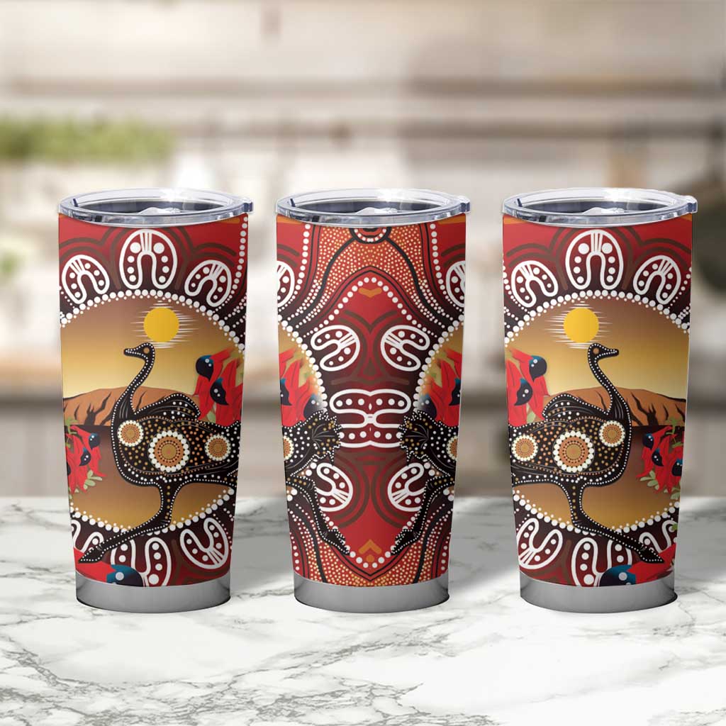 Sturt's Desert Pea And Emu Australia Tumbler Cup Uluru Aboriginal Art