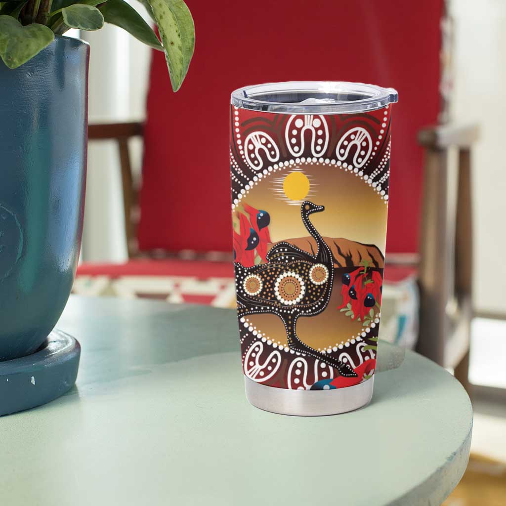 Sturt's Desert Pea And Emu Australia Tumbler Cup Uluru Aboriginal Art