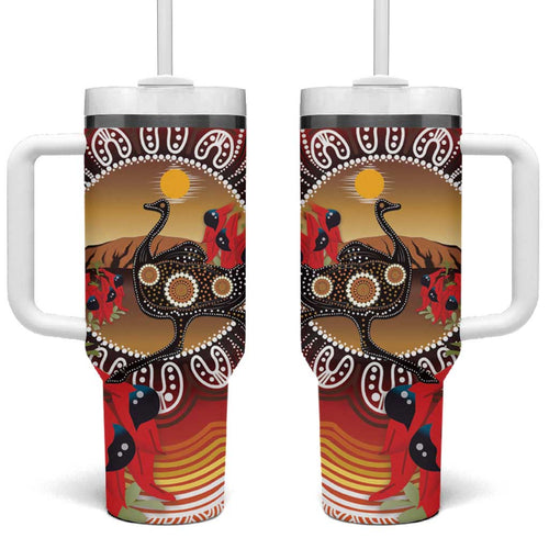Sturt's Desert Pea And Emu Australia Tumbler With Handle Uluru Aboriginal Art