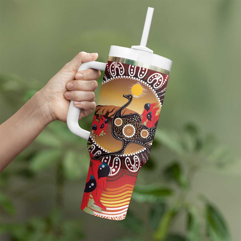 Sturt's Desert Pea And Emu Australia Tumbler With Handle Uluru Aboriginal Art