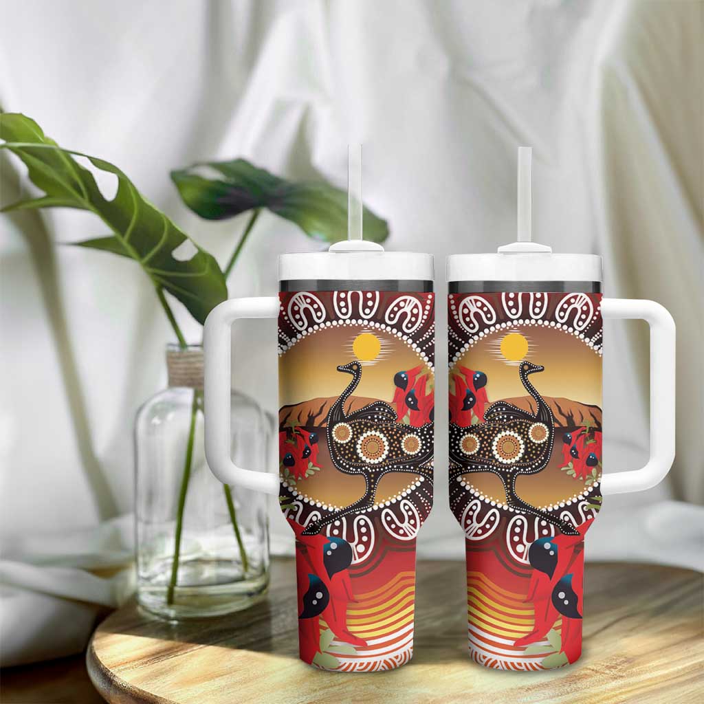 Sturt's Desert Pea And Emu Australia Tumbler With Handle Uluru Aboriginal Art