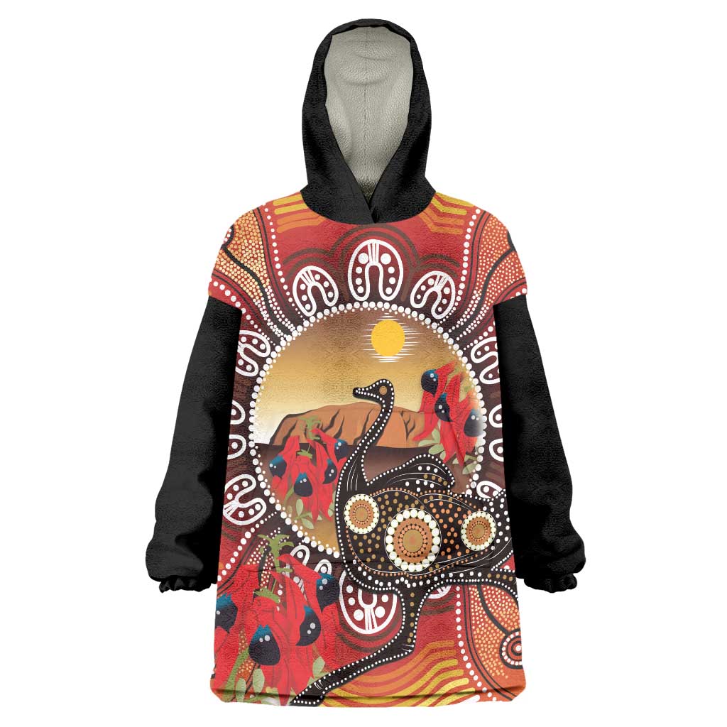 Sturt's Desert Pea And Emu Australia Wearable Blanket Hoodie Uluru Aboriginal Art