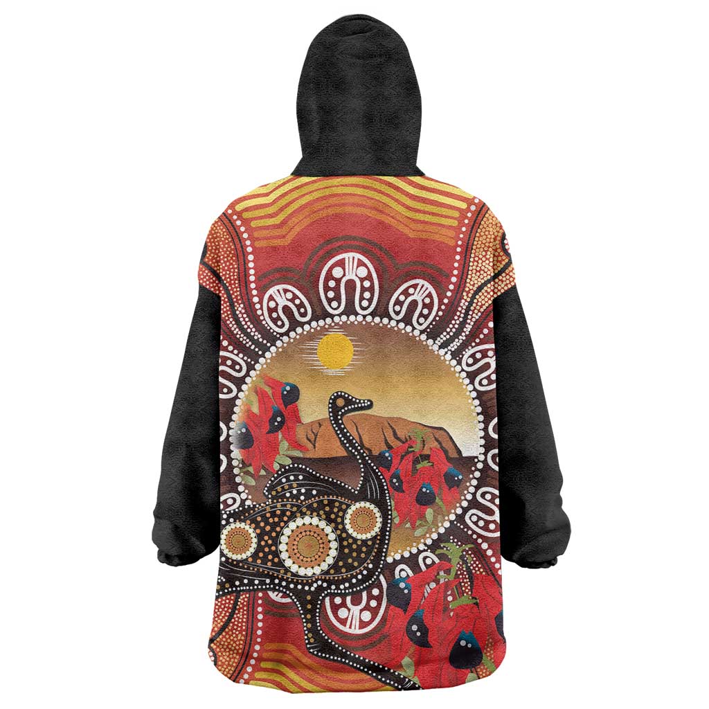 Sturt's Desert Pea And Emu Australia Wearable Blanket Hoodie Uluru Aboriginal Art