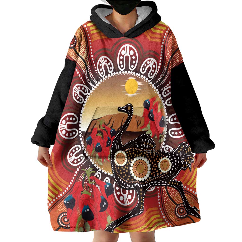 Sturt's Desert Pea And Emu Australia Wearable Blanket Hoodie Uluru Aboriginal Art