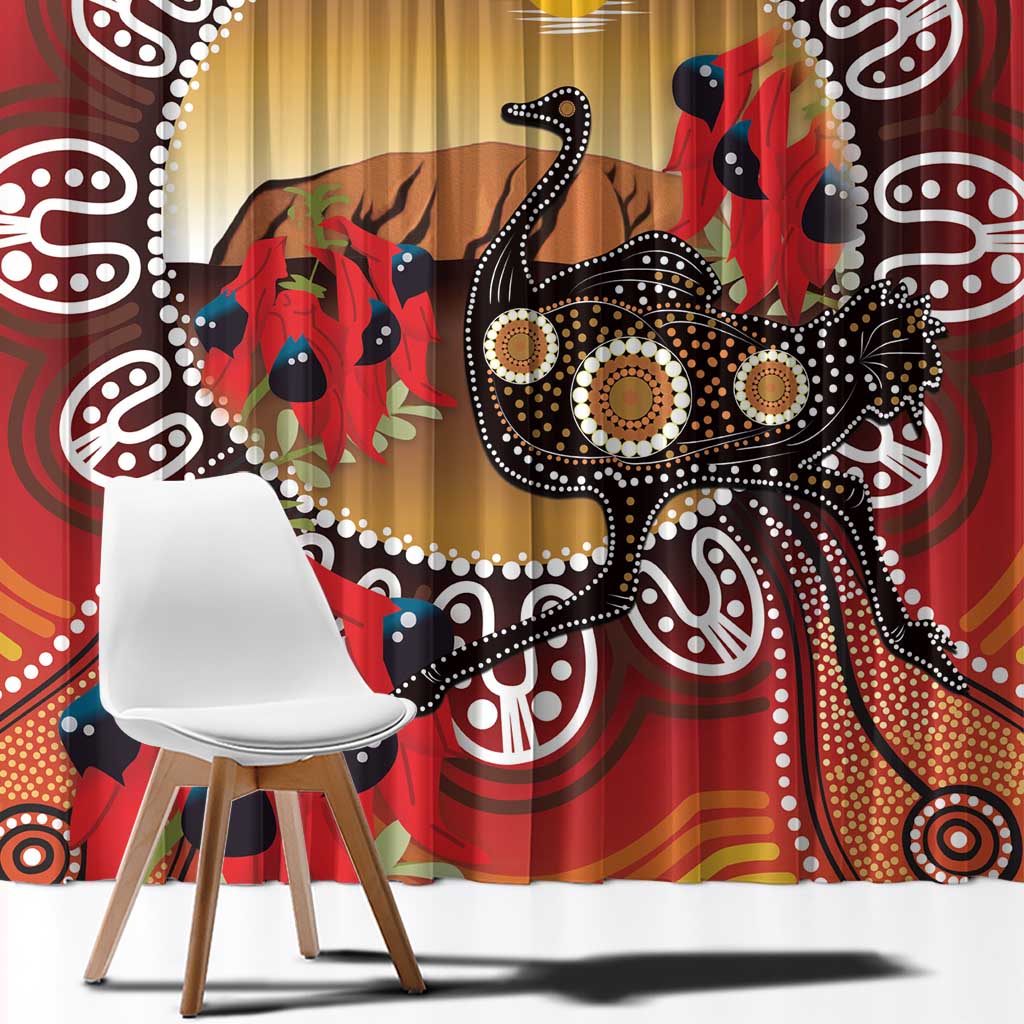 Sturt's Desert Pea And Emu Australia Window Curtain Uluru Aboriginal Art