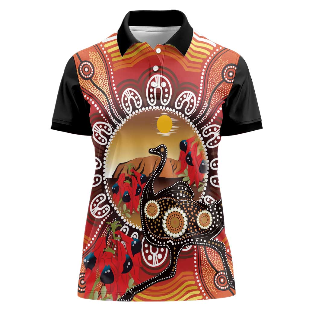 Sturt's Desert Pea And Emu Australia Women Polo Shirt Uluru Aboriginal Art