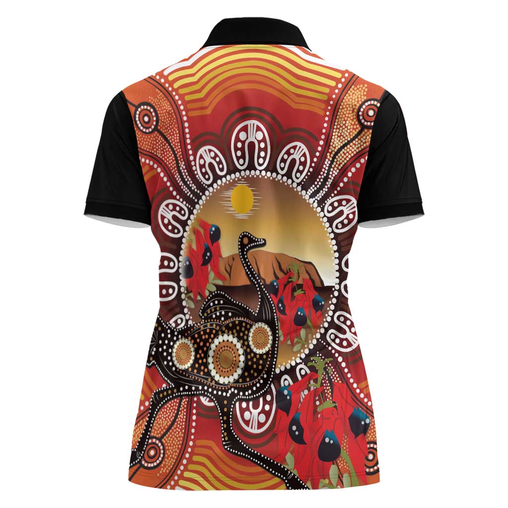 Sturt's Desert Pea And Emu Australia Women Polo Shirt Uluru Aboriginal Art