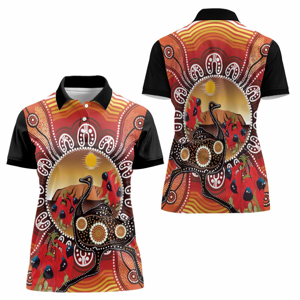Sturt's Desert Pea And Emu Australia Women Polo Shirt Uluru Aboriginal Art