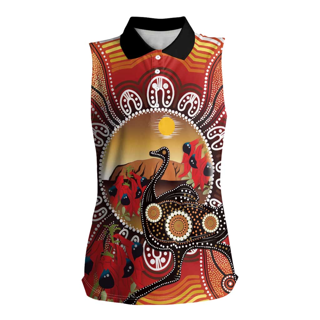 Sturt's Desert Pea And Emu Australia Women Sleeveless Polo Shirt Uluru Aboriginal Art