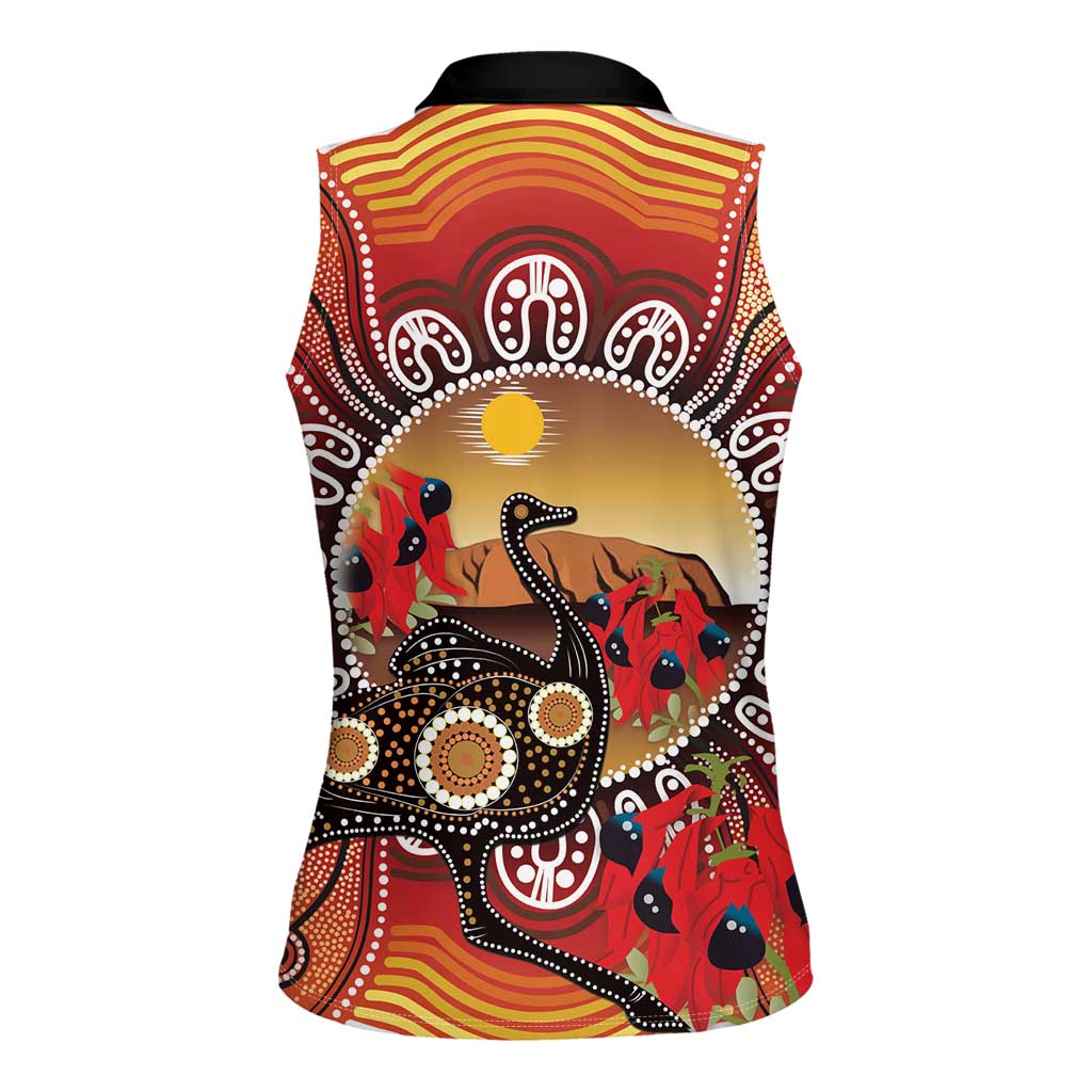 Sturt's Desert Pea And Emu Australia Women Sleeveless Polo Shirt Uluru Aboriginal Art