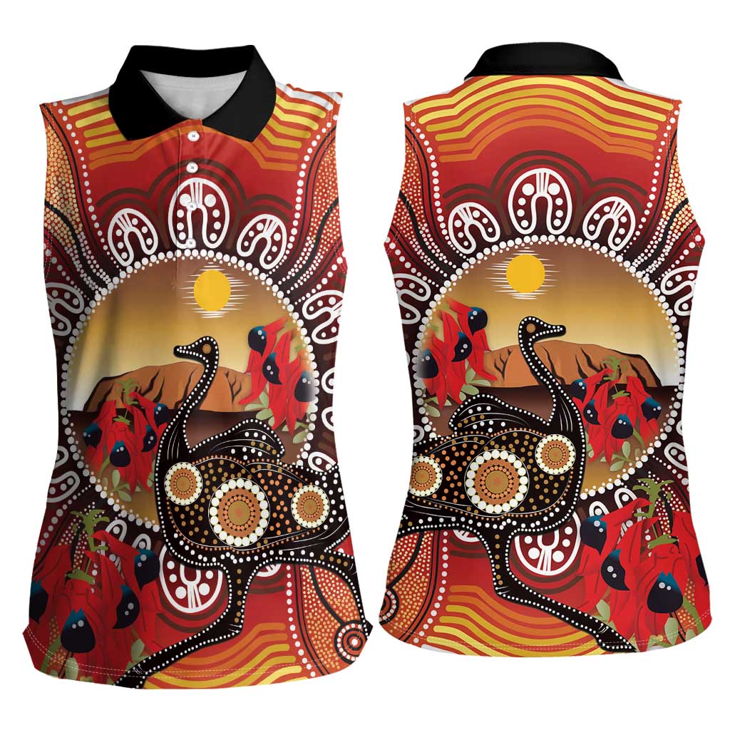 Sturt's Desert Pea And Emu Australia Women Sleeveless Polo Shirt Uluru Aboriginal Art