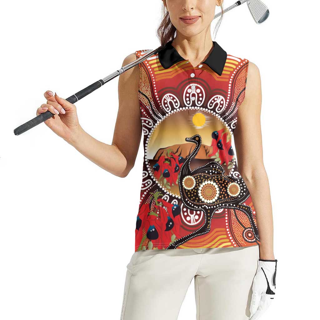 Sturt's Desert Pea And Emu Australia Women Sleeveless Polo Shirt Uluru Aboriginal Art