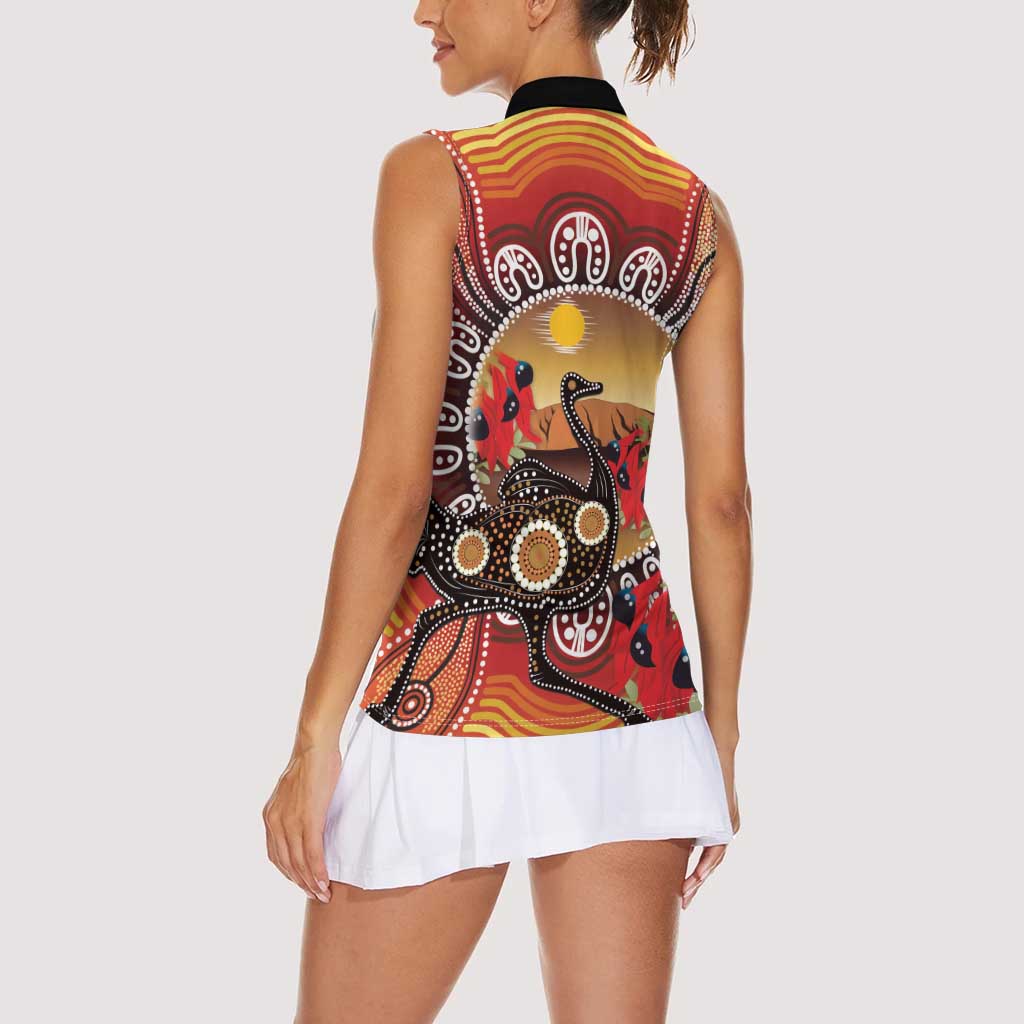Sturt's Desert Pea And Emu Australia Women Sleeveless Polo Shirt Uluru Aboriginal Art
