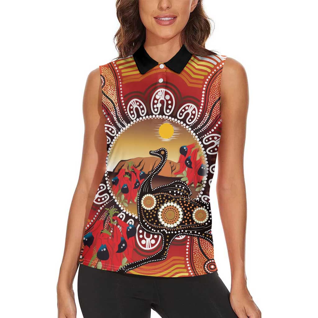 Sturt's Desert Pea And Emu Australia Women Sleeveless Polo Shirt Uluru Aboriginal Art