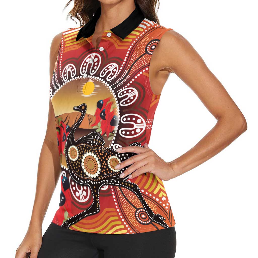 Sturt's Desert Pea And Emu Australia Women Sleeveless Polo Shirt Uluru Aboriginal Art