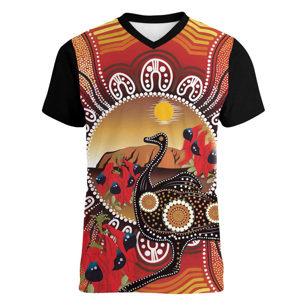 Sturt's Desert Pea And Emu Australia Women V-Neck T-Shirt Uluru Aboriginal Art