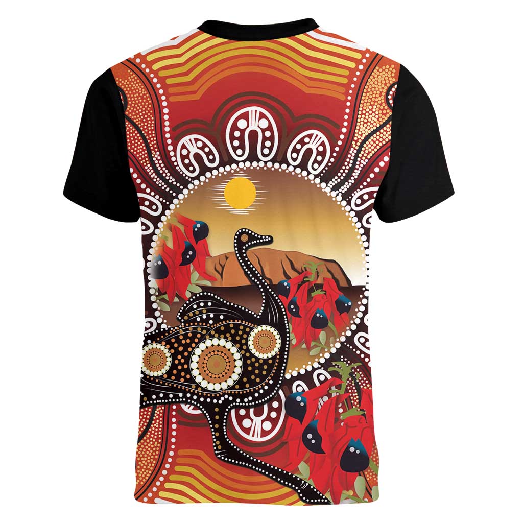 Sturt's Desert Pea And Emu Australia Women V-Neck T-Shirt Uluru Aboriginal Art