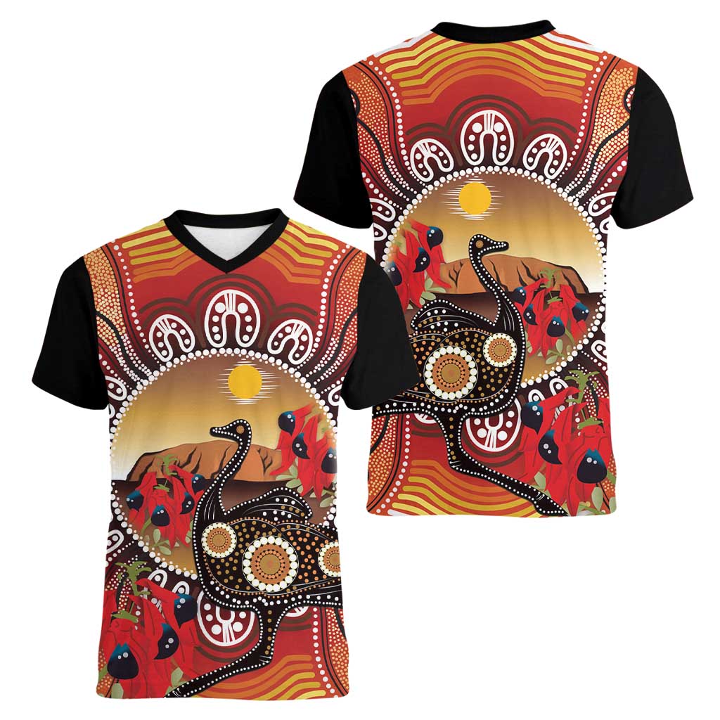 Sturt's Desert Pea And Emu Australia Women V-Neck T-Shirt Uluru Aboriginal Art