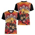 Sturt's Desert Pea And Emu Australia Women V-Neck T-Shirt Uluru Aboriginal Art