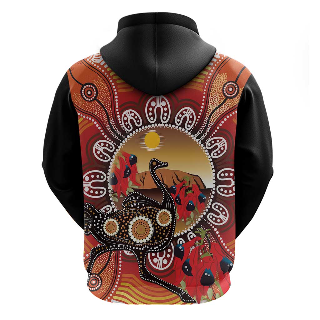 Sturt's Desert Pea And Emu Australia Zip Hoodie Uluru Aboriginal Art