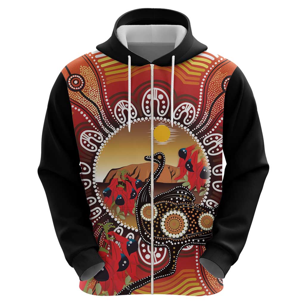 Sturt's Desert Pea And Emu Australia Zip Hoodie Uluru Aboriginal Art