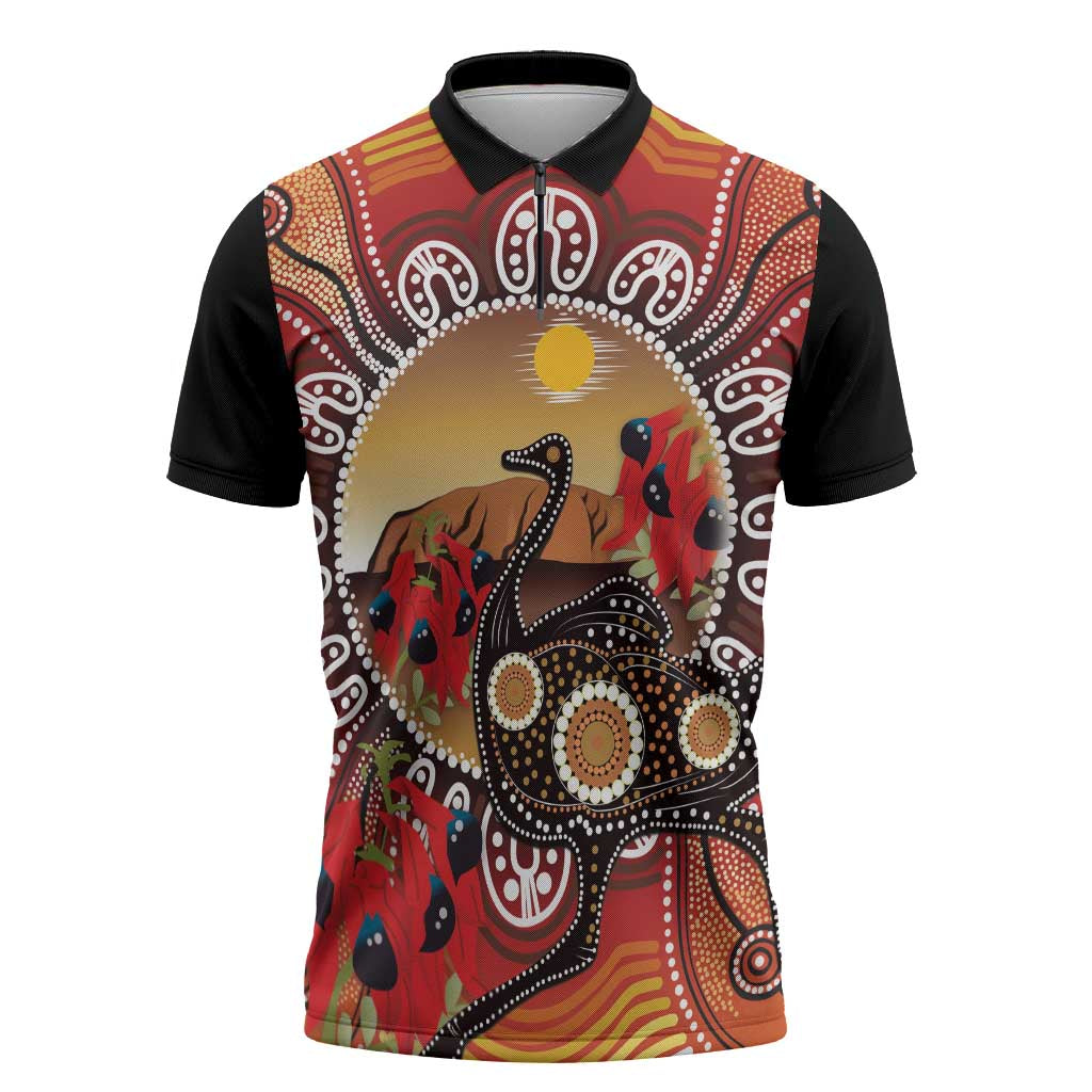 Sturt's Desert Pea And Emu Australia Zipper Polo Shirt Uluru Aboriginal Art - Aussie Hoodie