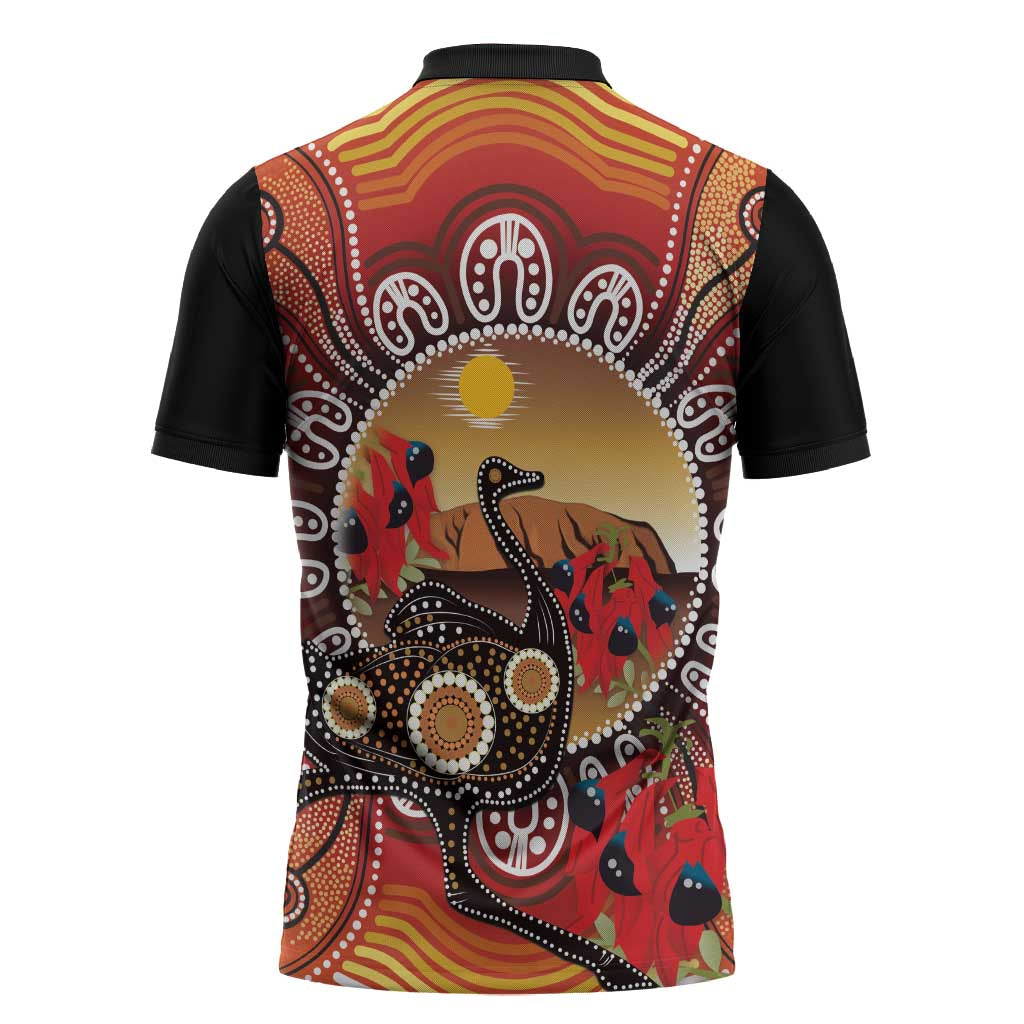 Sturt's Desert Pea And Emu Australia Zipper Polo Shirt Uluru Aboriginal Art - Aussie Hoodie