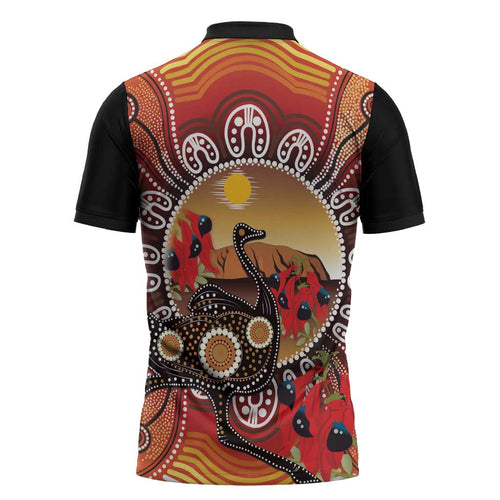 Sturt's Desert Pea And Emu Australia Zipper Polo Shirt Uluru Aboriginal Art - Aussie Hoodie