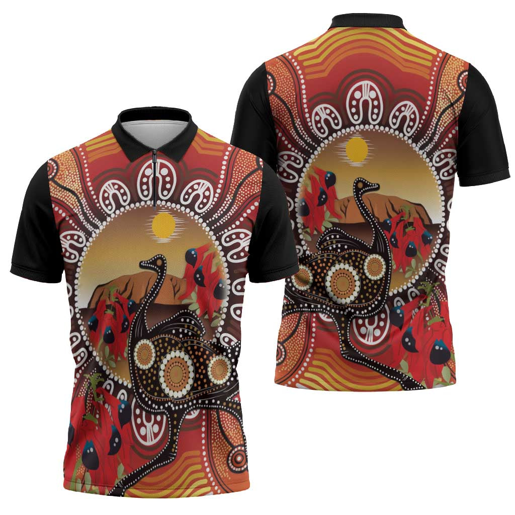 Sturt's Desert Pea And Emu Australia Zipper Polo Shirt Uluru Aboriginal Art - Aussie Hoodie
