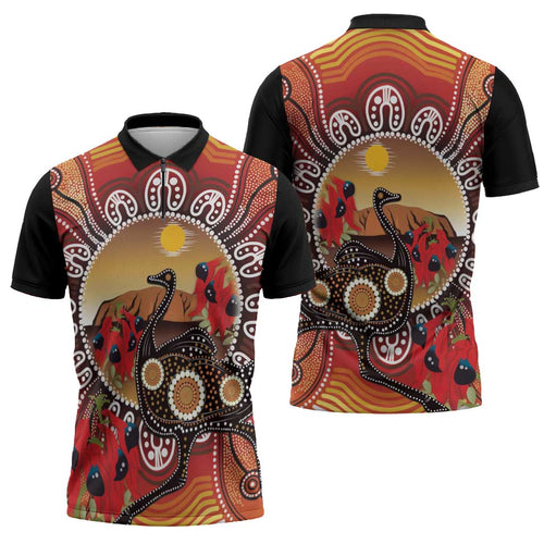 Sturt's Desert Pea And Emu Australia Zipper Polo Shirt Uluru Aboriginal Art - Aussie Hoodie