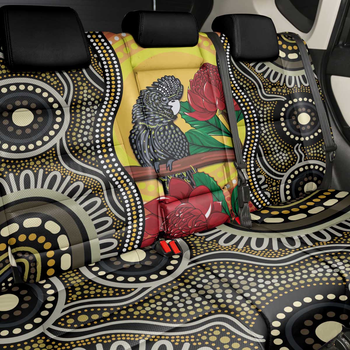 Waratah And Banksian Cockatoo Back Car Seat Cover Aboriginal Art