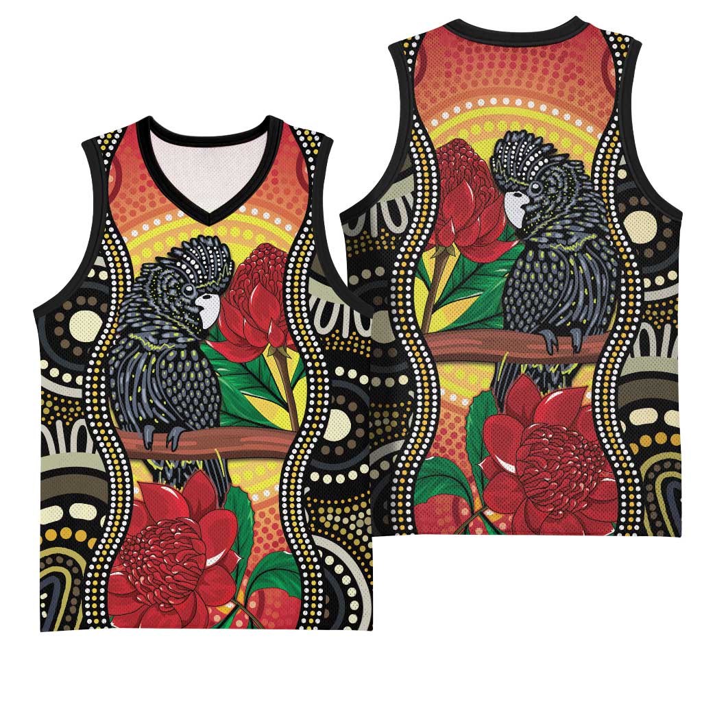 Waratah And Banksian Cockatoo Basketball Jersey Aboriginal Art - Aussie Hoodie