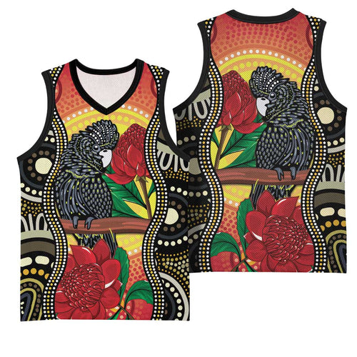 Waratah And Banksian Cockatoo Basketball Jersey Aboriginal Art - Aussie Hoodie