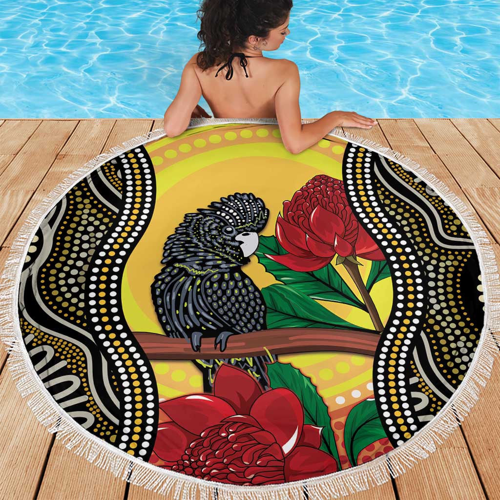 Waratah And Banksian Cockatoo Beach Blanket Aboriginal Art