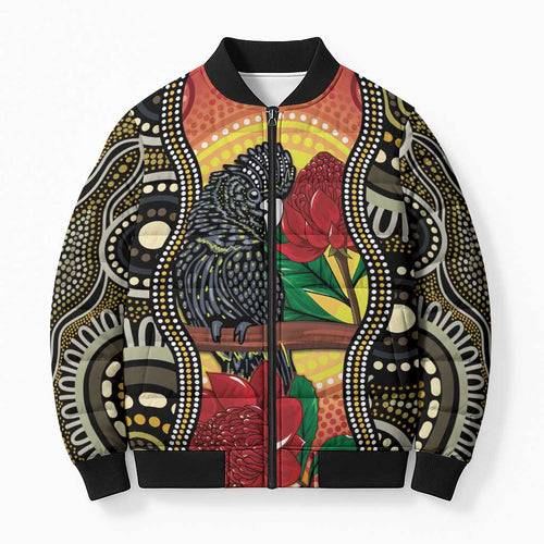 Waratah And Banksian Cockatoo Bomber Puffer Jacket Aboriginal Art - Aussie Hoodie