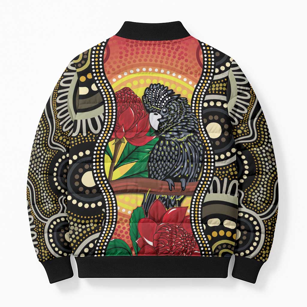 Waratah And Banksian Cockatoo Bomber Puffer Jacket Aboriginal Art - Aussie Hoodie