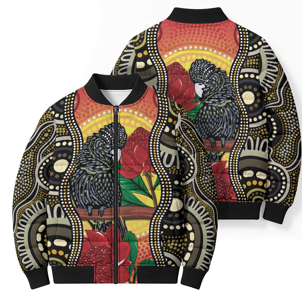 Waratah And Banksian Cockatoo Bomber Puffer Jacket Aboriginal Art - Aussie Hoodie