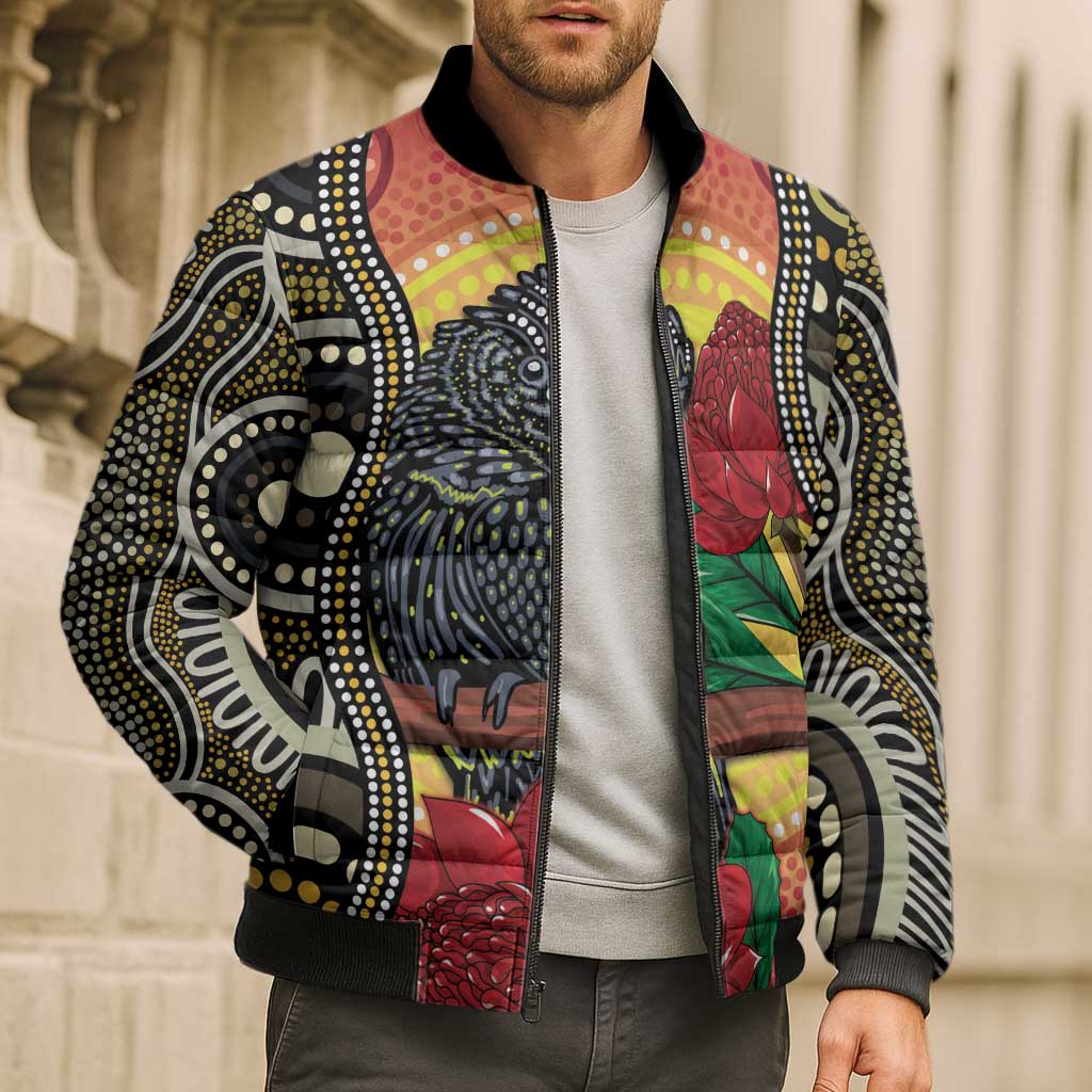 Waratah And Banksian Cockatoo Bomber Puffer Jacket Aboriginal Art - Aussie Hoodie