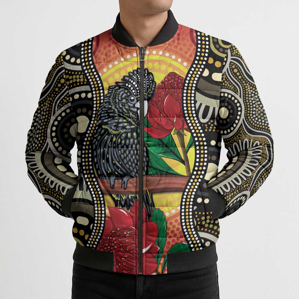 Waratah And Banksian Cockatoo Bomber Puffer Jacket Aboriginal Art - Aussie Hoodie