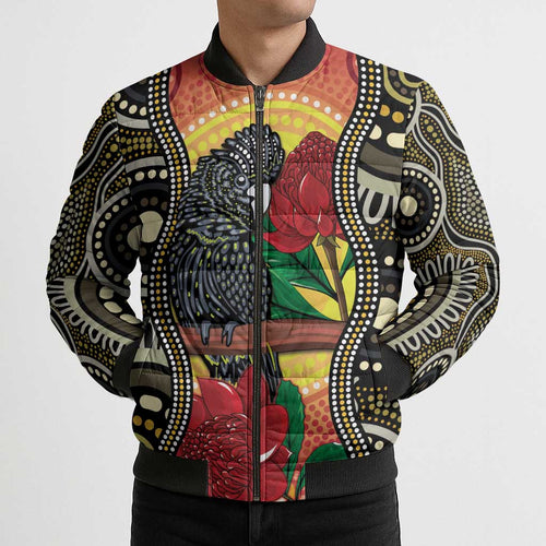 Waratah And Banksian Cockatoo Bomber Puffer Jacket Aboriginal Art - Aussie Hoodie