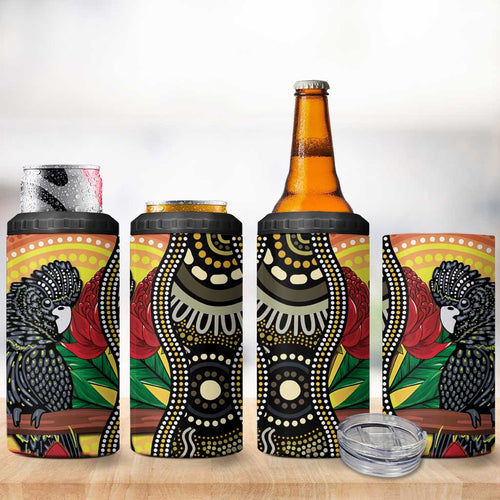 Waratah And Banksian Cockatoo 4 in 1 Can Cooler Tumbler Aboriginal Art