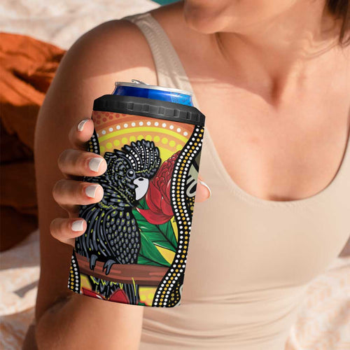 Waratah And Banksian Cockatoo 4 in 1 Can Cooler Tumbler Aboriginal Art