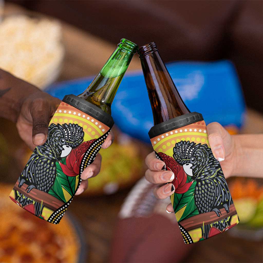 Waratah And Banksian Cockatoo 4 in 1 Can Cooler Tumbler Aboriginal Art