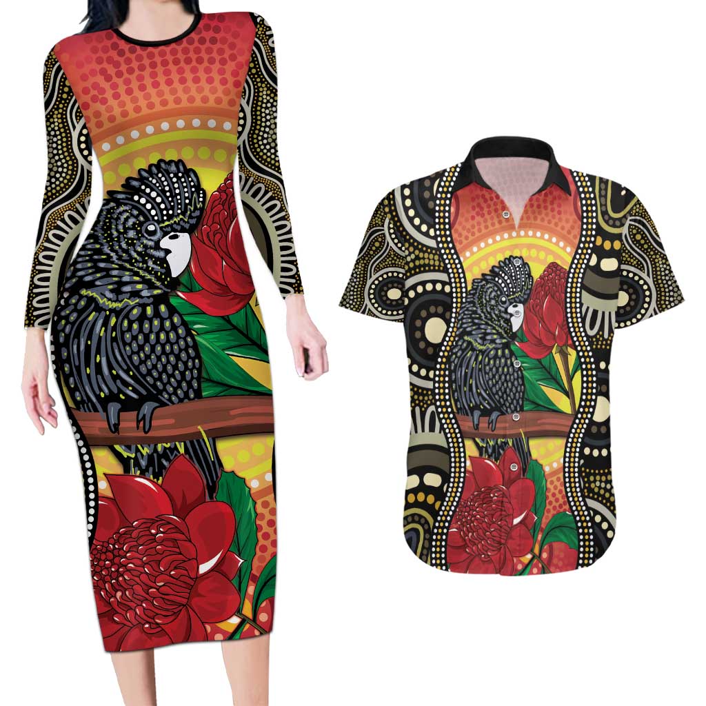 Waratah And Banksian Cockatoo Couples Matching Long Sleeve Bodycon Dress and Hawaiian Shirt Aboriginal Art