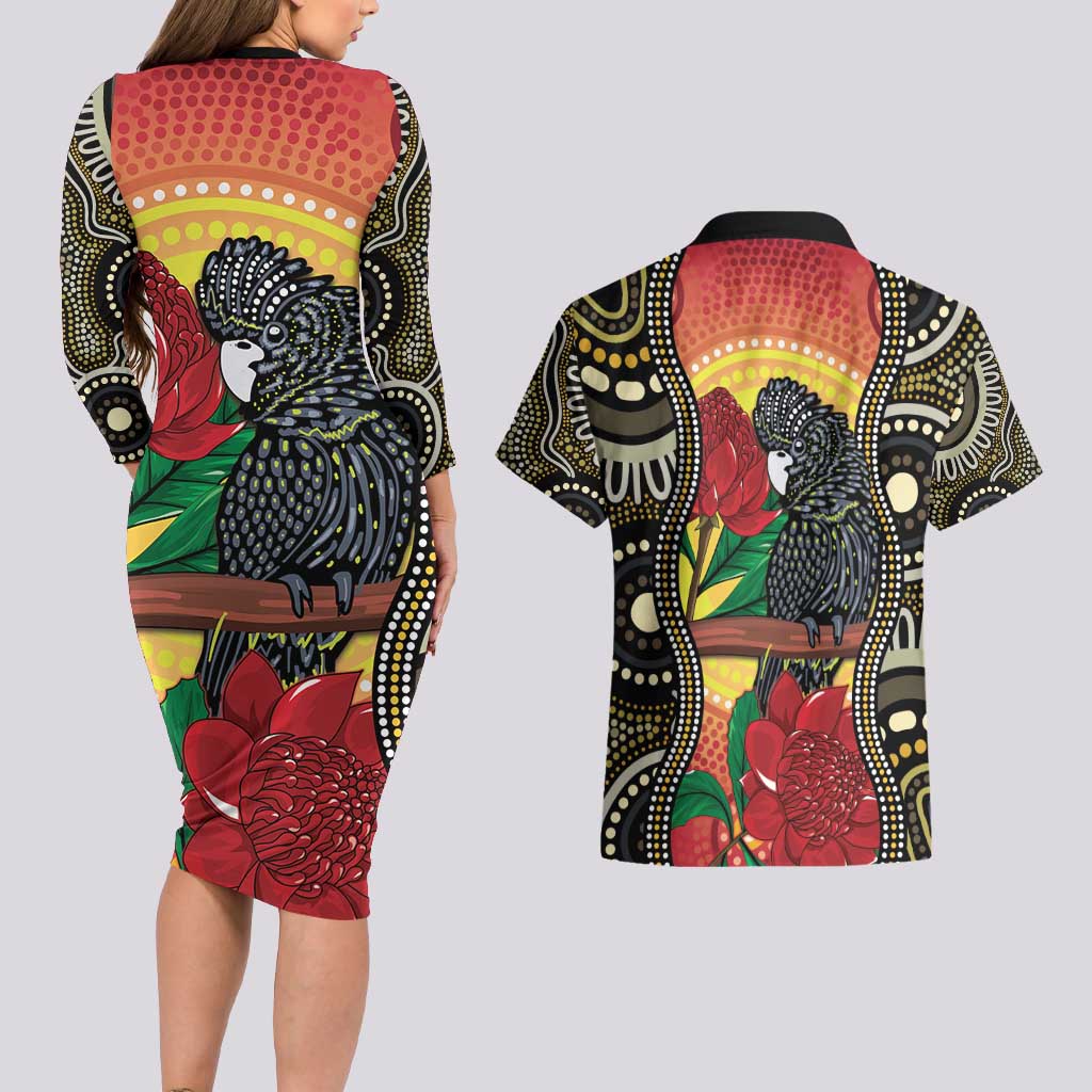 Waratah And Banksian Cockatoo Couples Matching Long Sleeve Bodycon Dress and Hawaiian Shirt Aboriginal Art